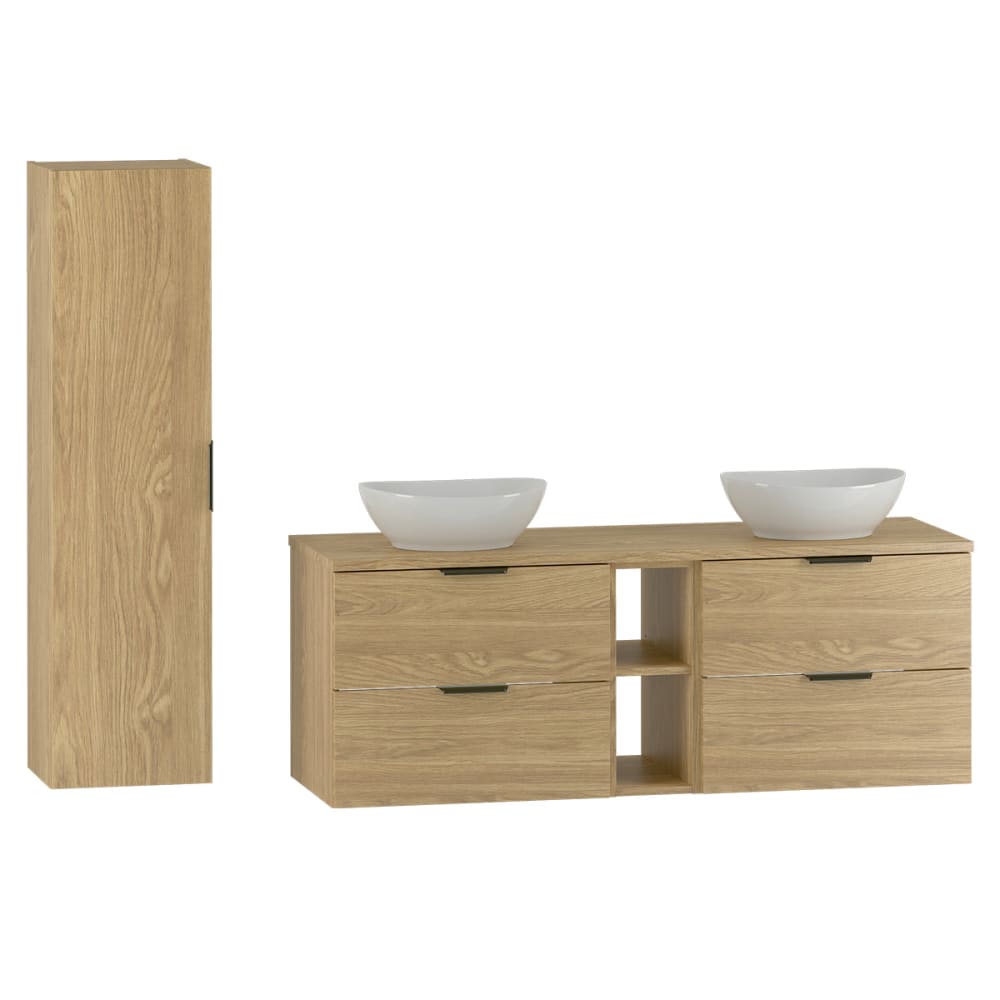 Ensemble meuble double vasque 140cm panneaux mélaminé et mdf marron