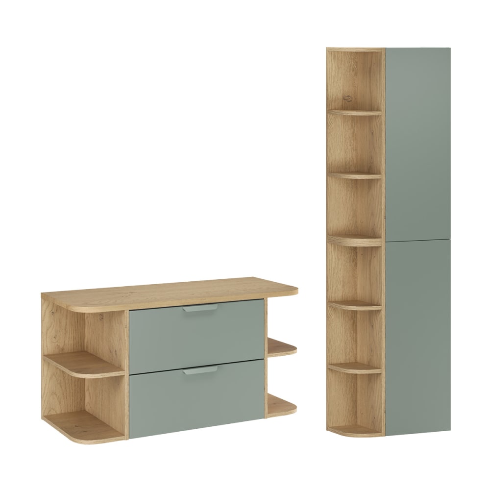 Ensemble meuble sous-vasque niches arrondies colonne stratifiés vert