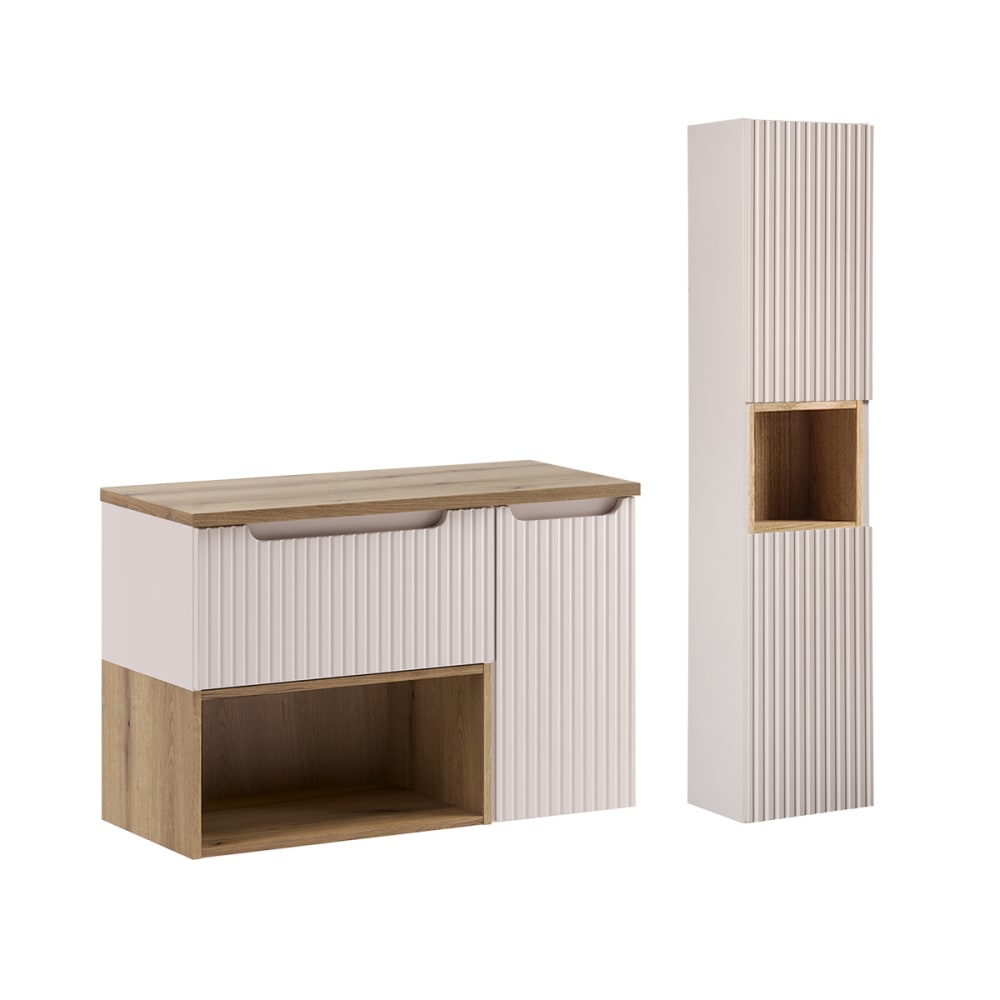 Ensemble meuble sous-vasque 90cm colonne stratifiés beige