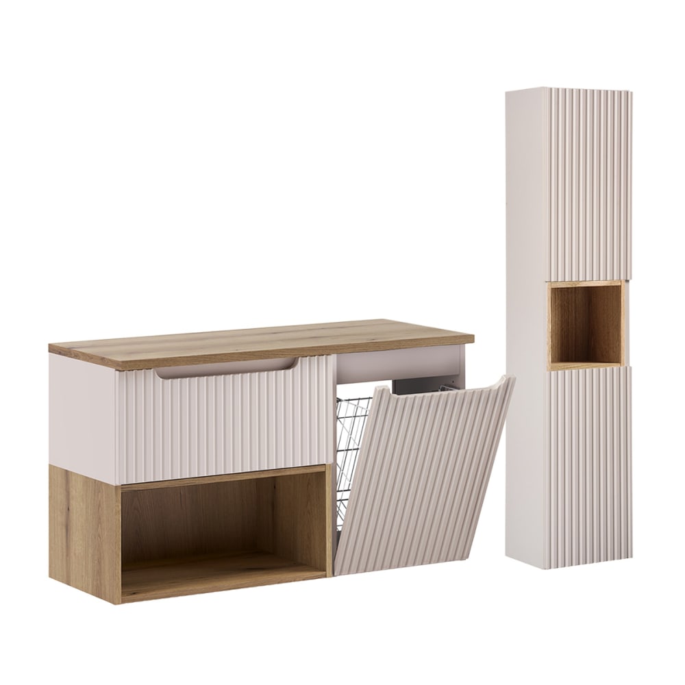 Ensemble meuble sous-vasque panier à linge colonne stratifiés beige