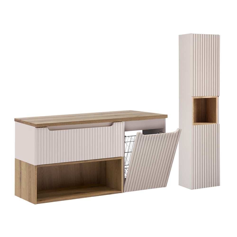 Ensemble meuble sous-vasque panier à linge colonne stratifiés beige
