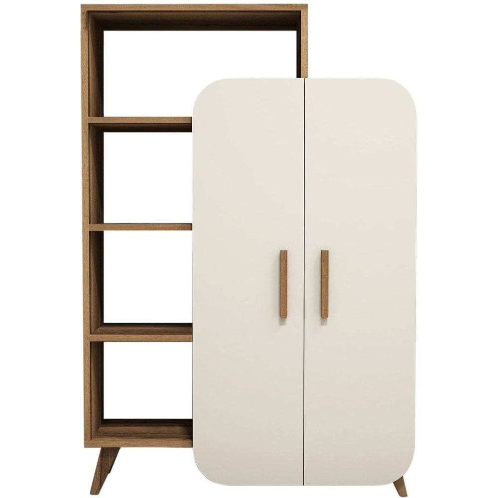 Bibliothèque 2 portes 4 niches bicolore blanc et effet Noyer 90 cm