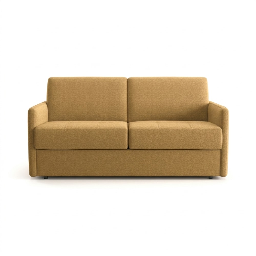 Canapé convertible en tissu jaune, matelas 140x190 épaisseur 13 cm