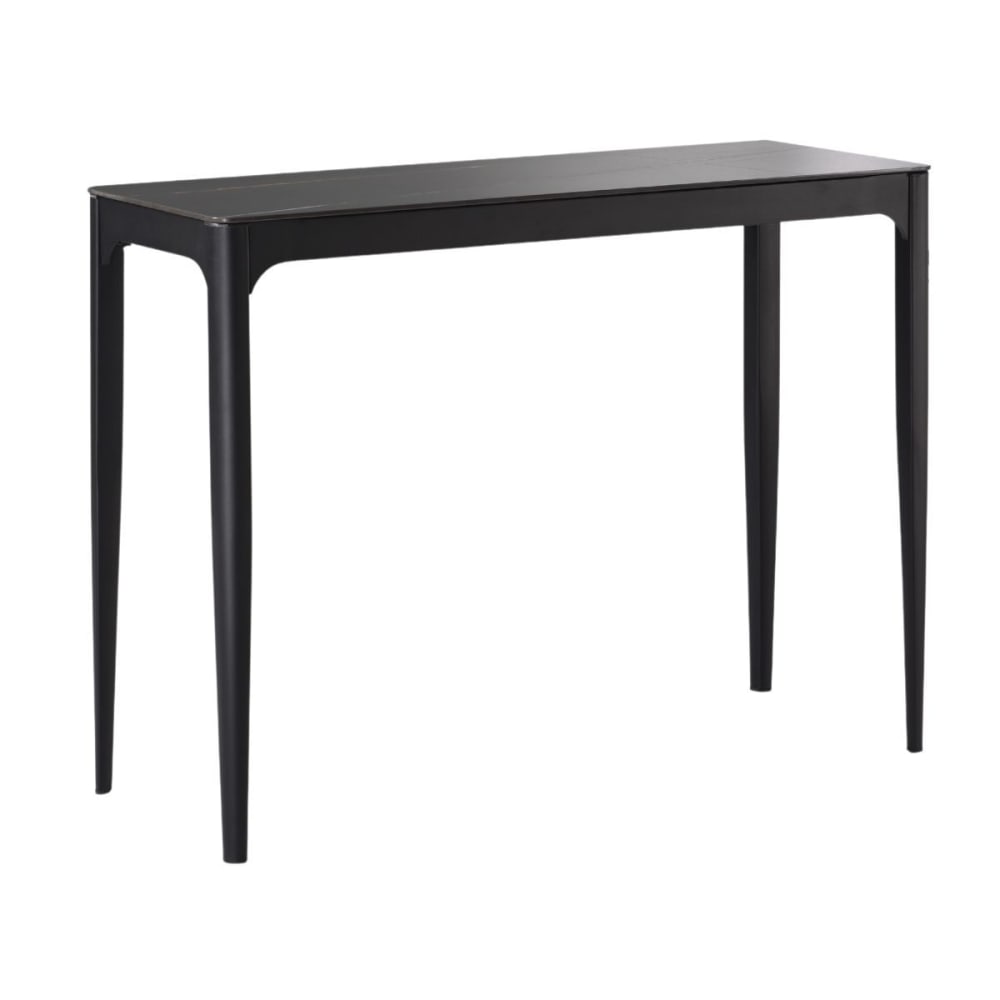 Console plateau MDF placage céramique noir marbré et pieds métal laqué