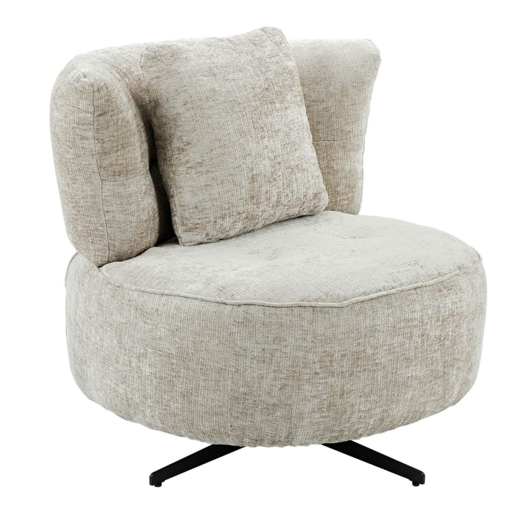 Fauteuil lounge pivotant tissu chenillé beige + coussin