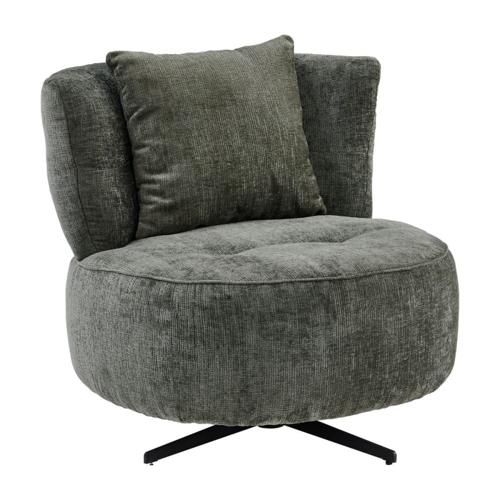 Fauteuil lounge pivotant tissu chenillé vert + coussin