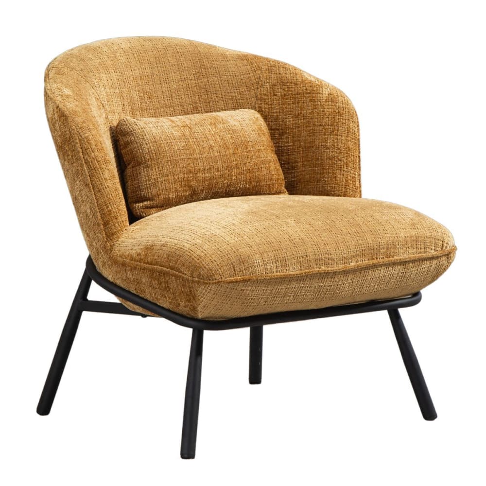 Fauteuil lounge en tissu chenillé jaune moutarde piètement métal noir