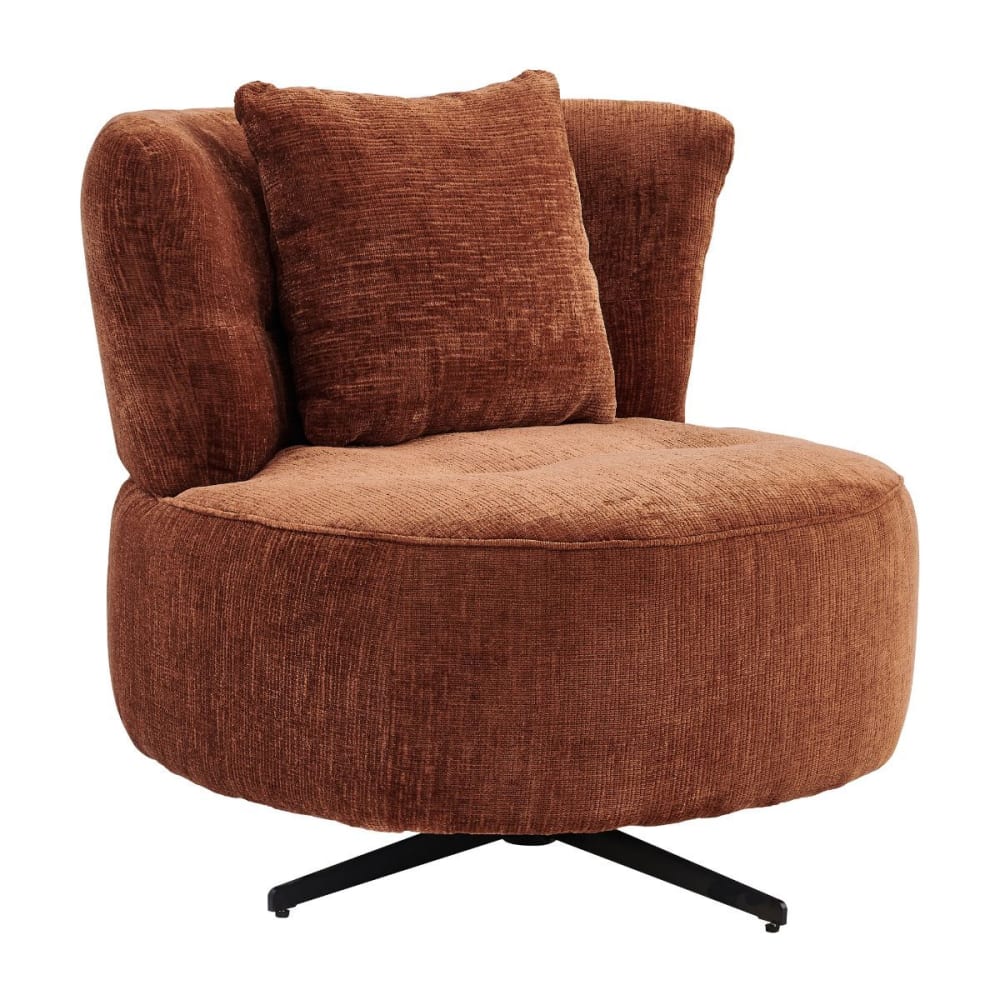 Fauteuil lounge pivotant tissu chenillé terracotta + coussin