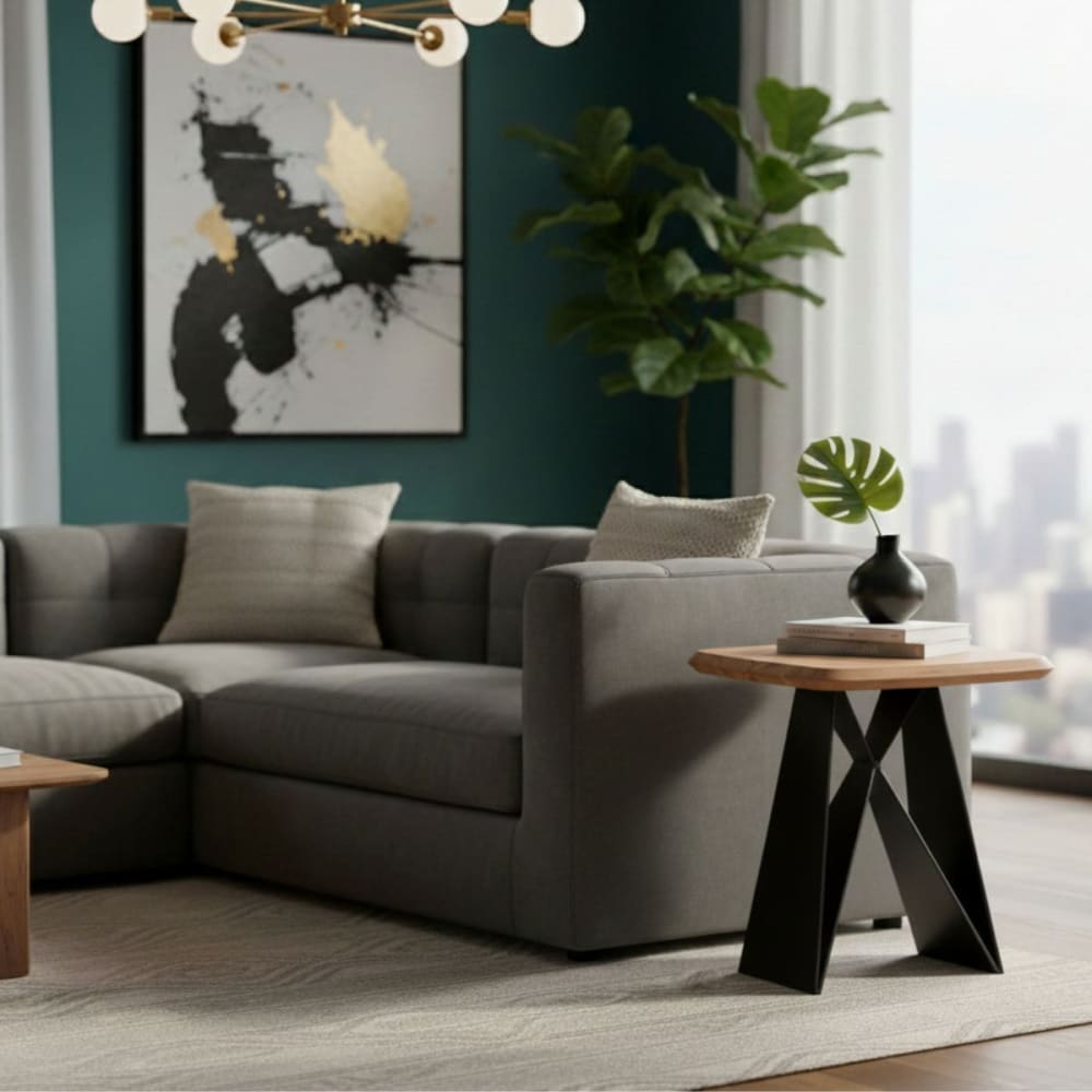 Bout de canapé acacia massif avec pieds métal noir forme papillon