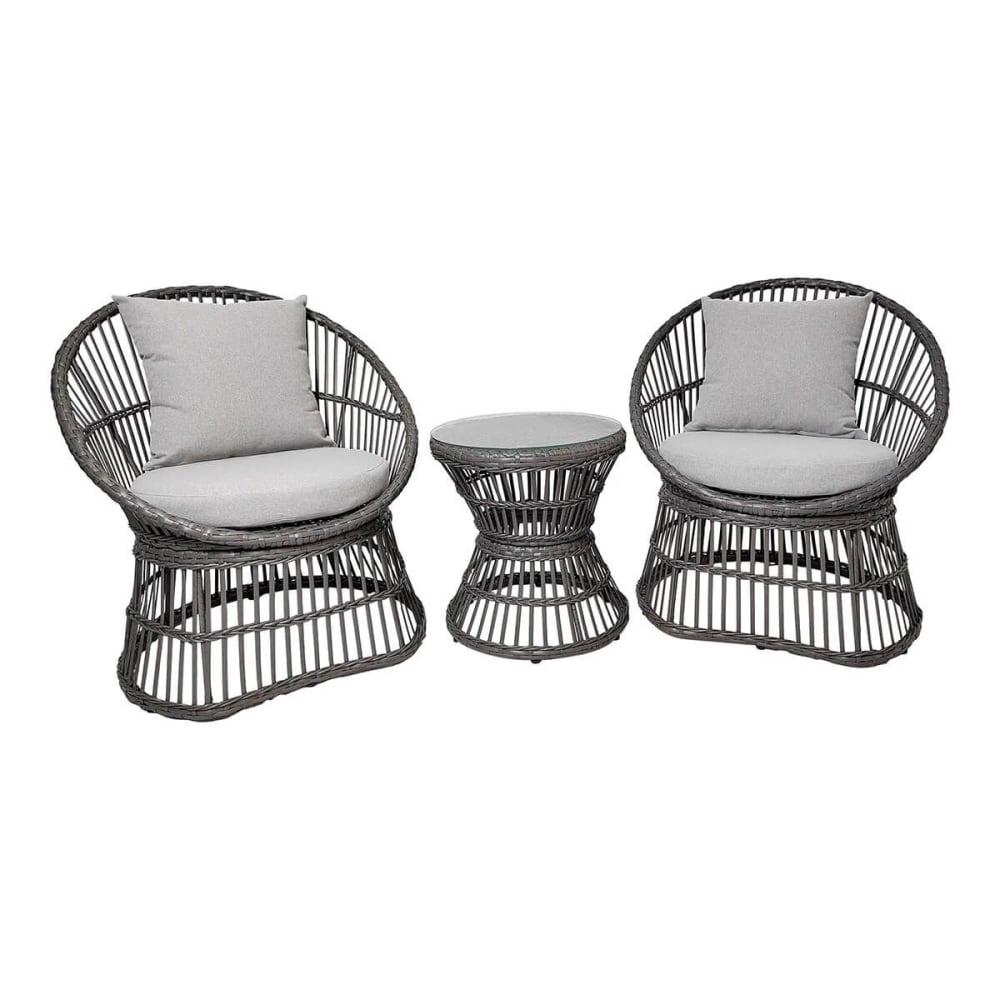 Salon de jardin 2 fauteuils et table basse en rotin avec coussins