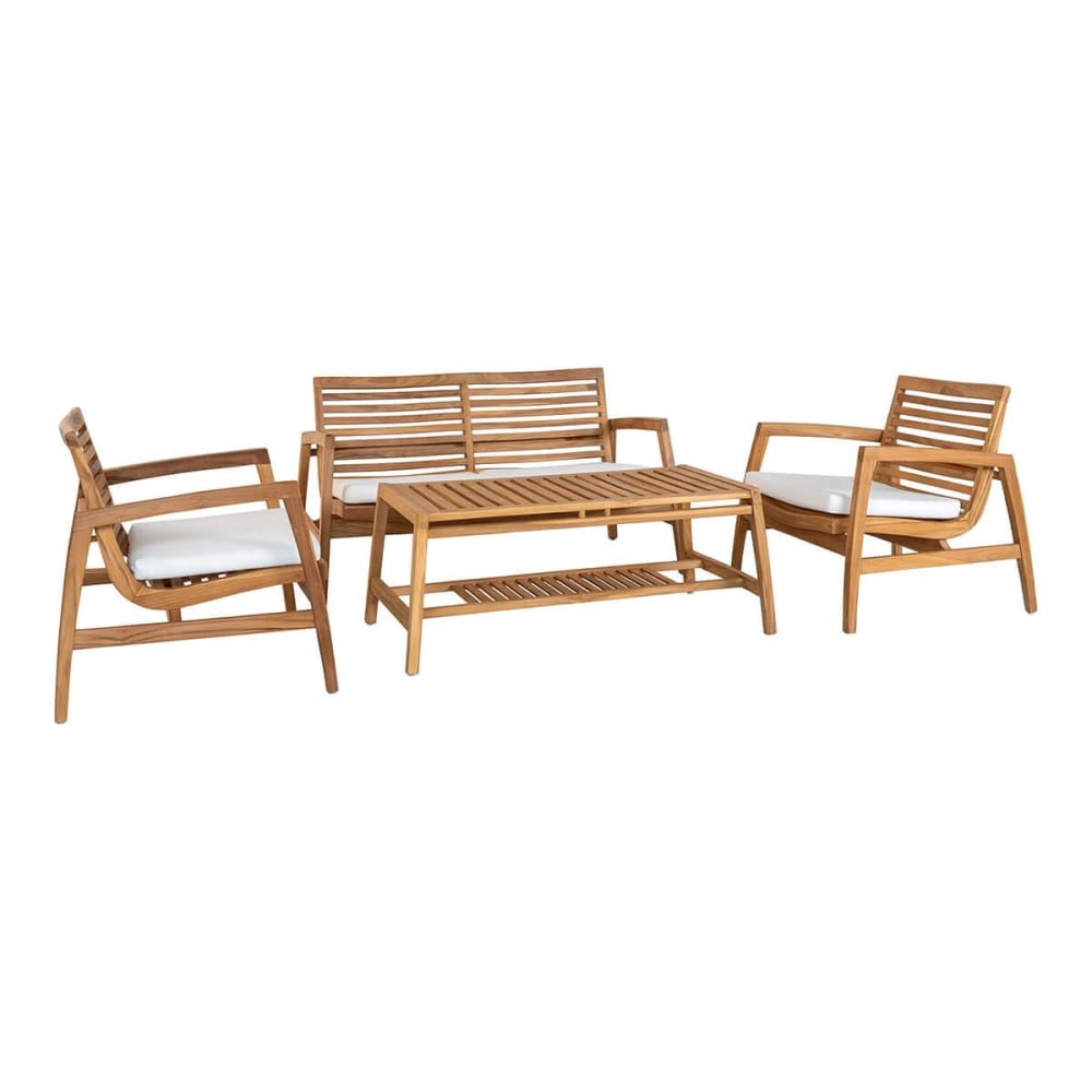 Salon de jardin complet table basse en teck massif et coussins blancs