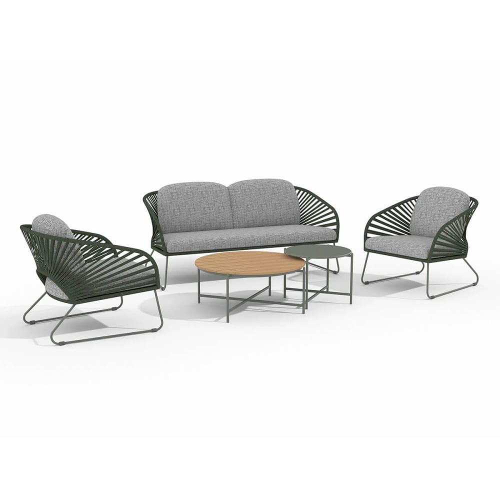 Salon de jardin complet tables gigogne vert acier et imitation rotin