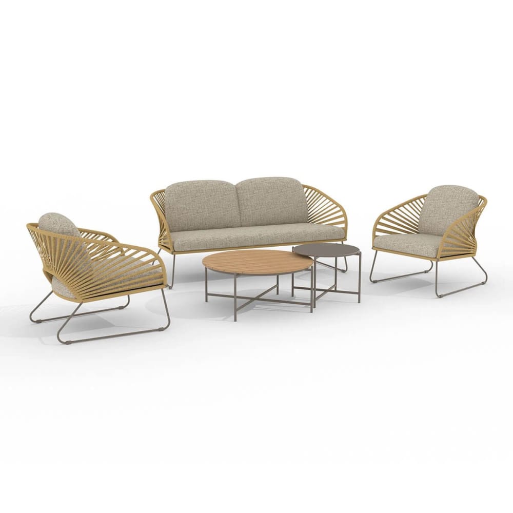 Salon de jardin complet tables gigogne beige acier et imitation rotin