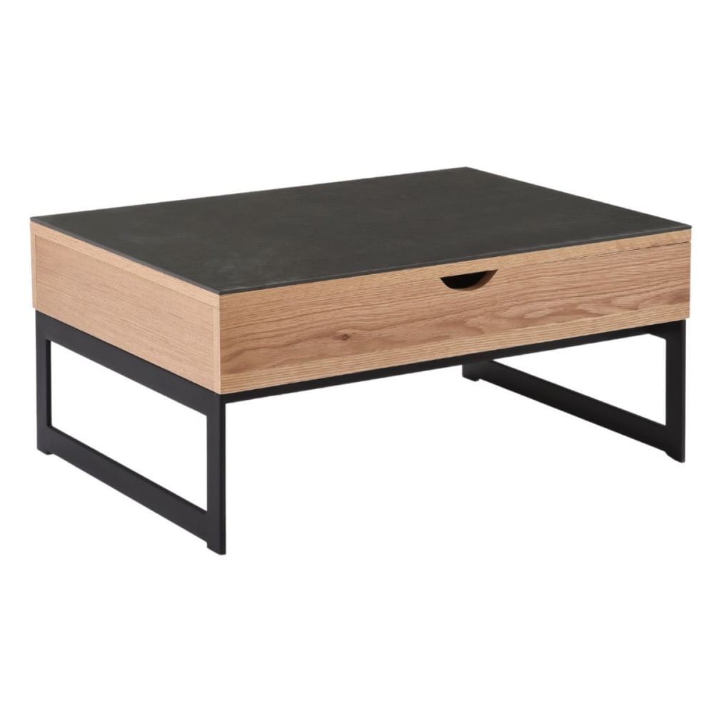 Table basse relevable MDF placage chêne et céramique piètement métal