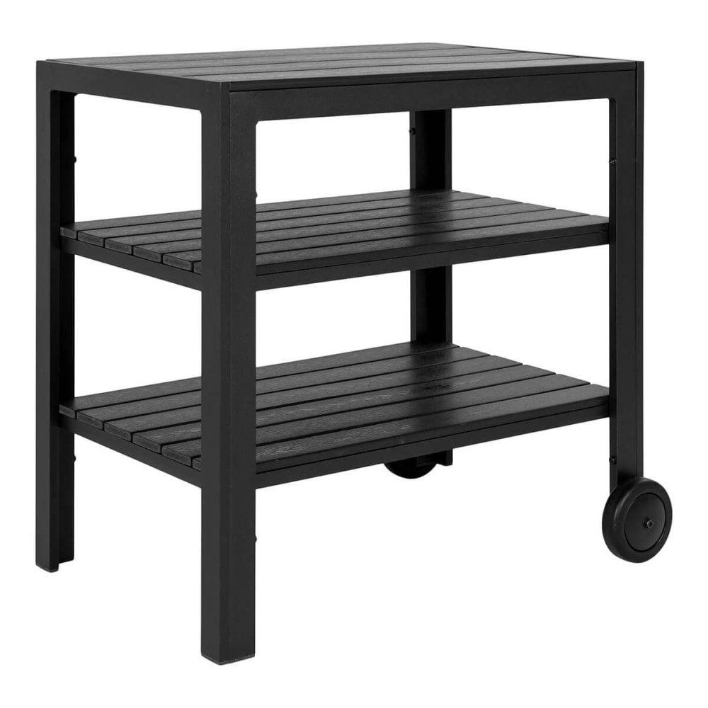 Desserte à roulettes noires en aluminium et plateaux effet bois