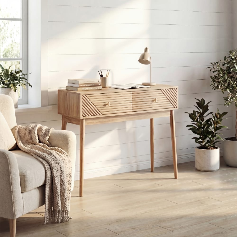 Bureau console élégant effet chêne avec tiroirs 100x35x80cm