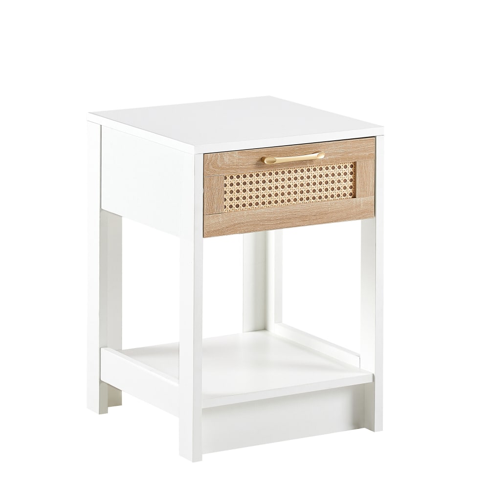 Table de chevet blanche avec tiroir cannage et étagère