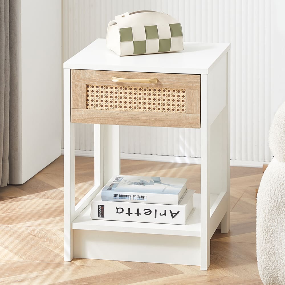 Nachttisch mit Schublade und Ablage aus Rattan, Weiß - Maisons Du
