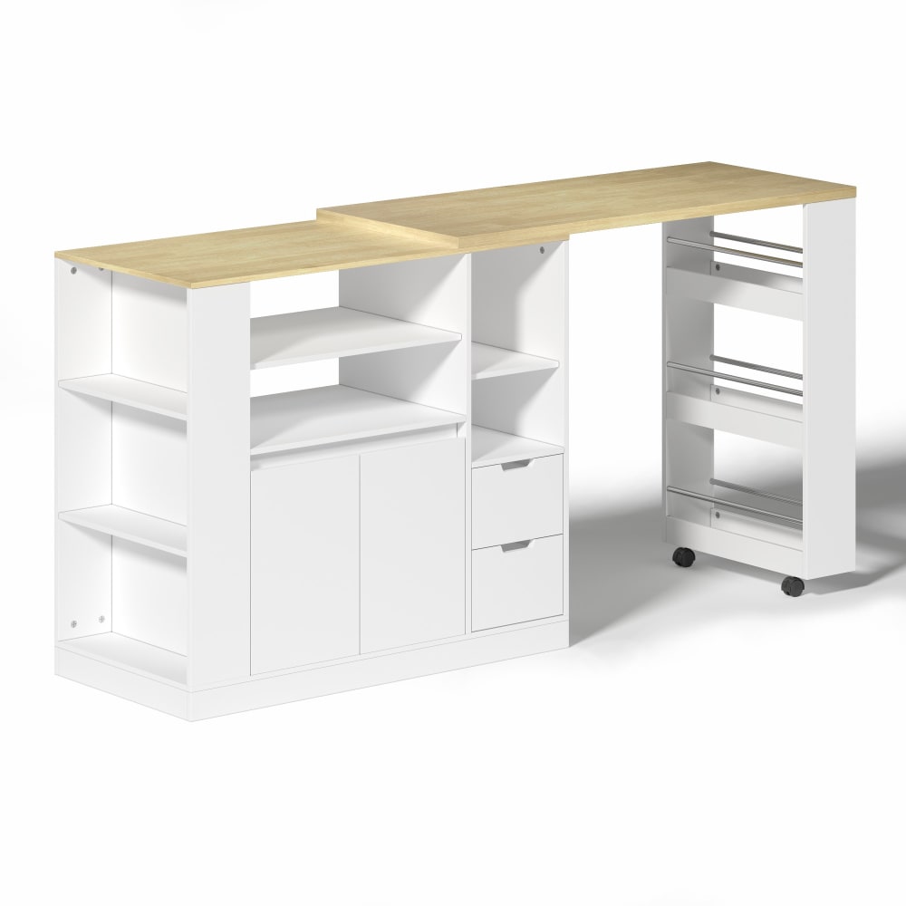 Table de bar extensible avec plan de travail pivotant bois et blanc