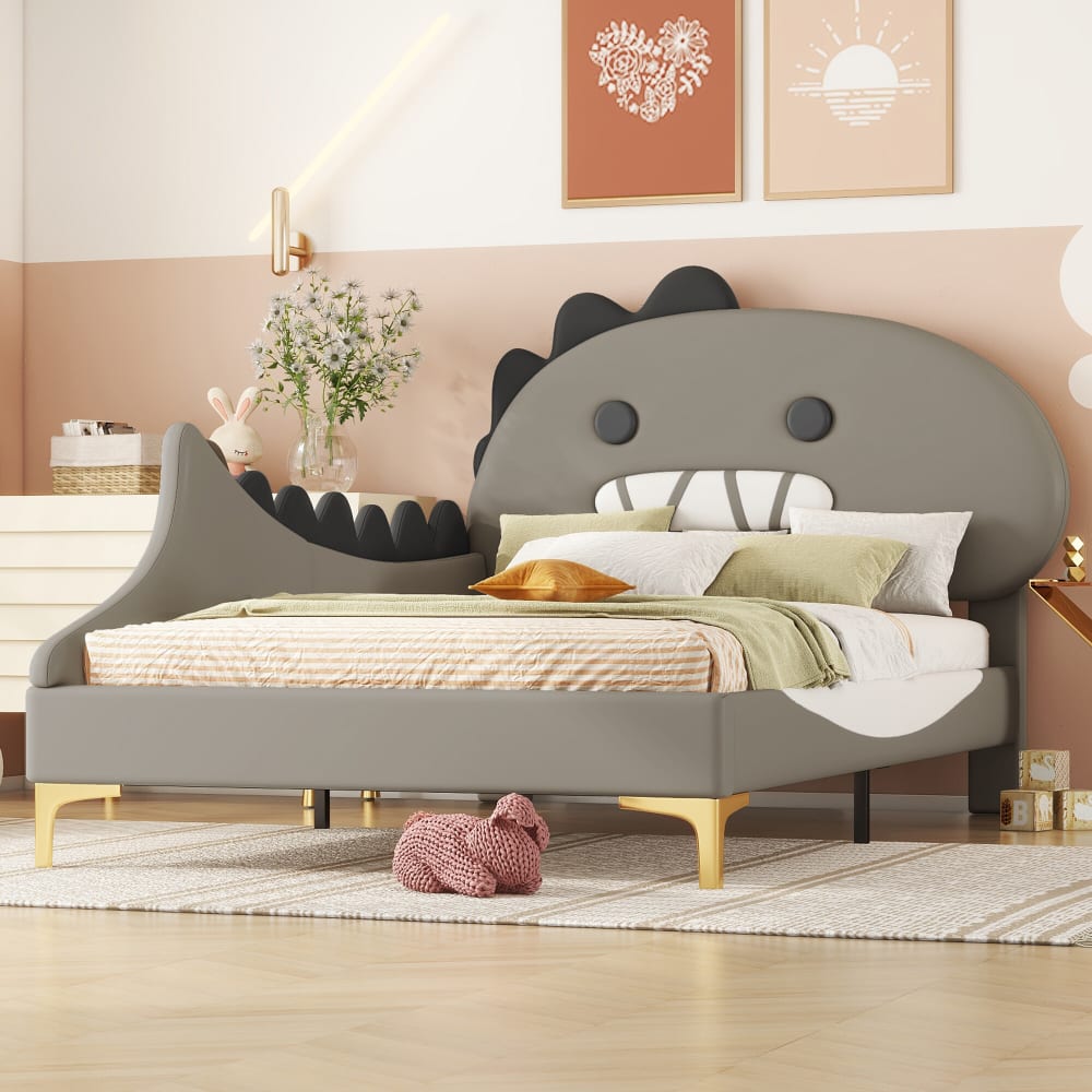 Lit enfant dinosaure 90x200 cm en PU gris