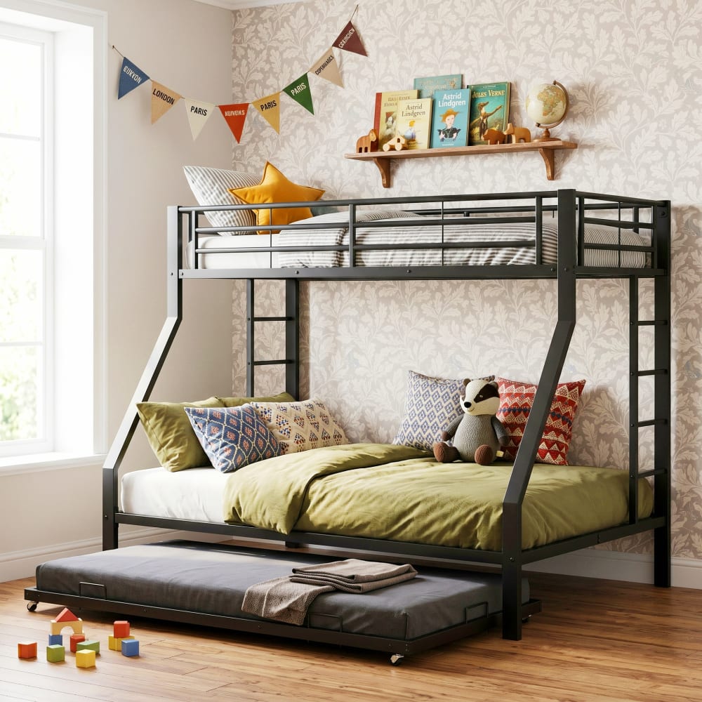 Urban Meuble Metall-Etagenbett 90/140x200 cm mit Ausziehbett, Schwarz SCHWARZ METALL Jugendliche