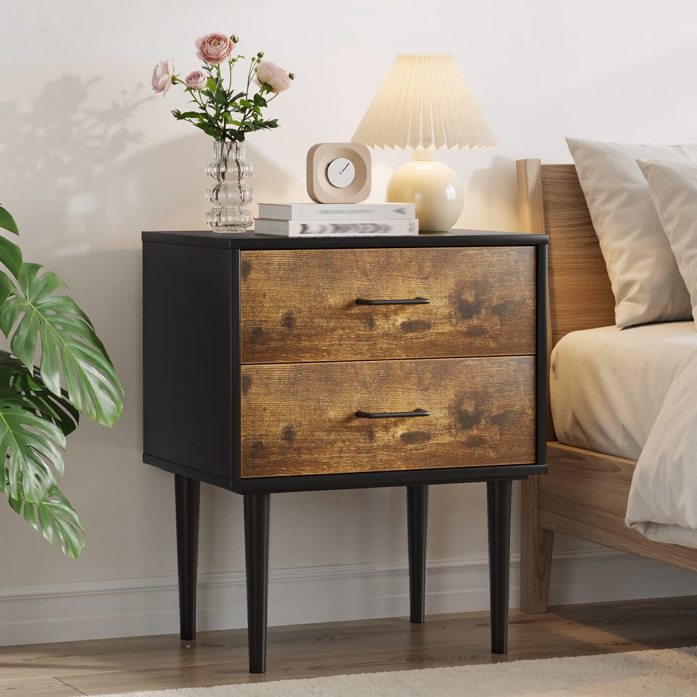 Table de chevet rétro noir et effet bois 2 tiroirs industrielle
