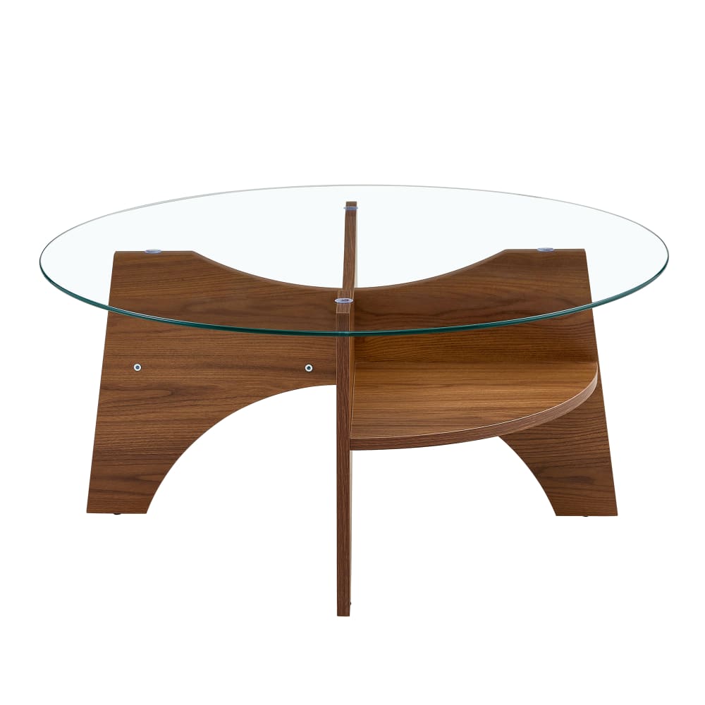 Table basse ronde en verre trempé pieds effet bois noyer Ø80 cm