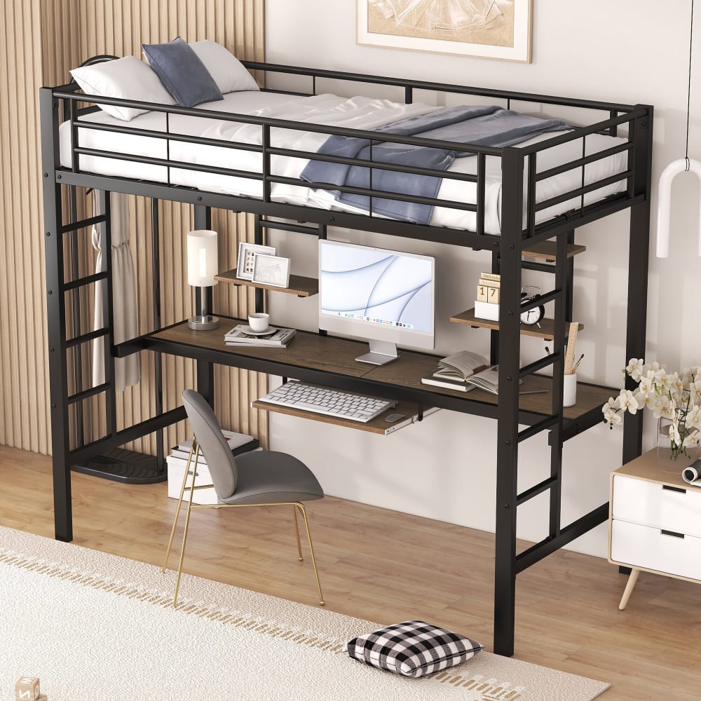 Lit mezzanine métal 90x200 cm avec bureau et étagères
