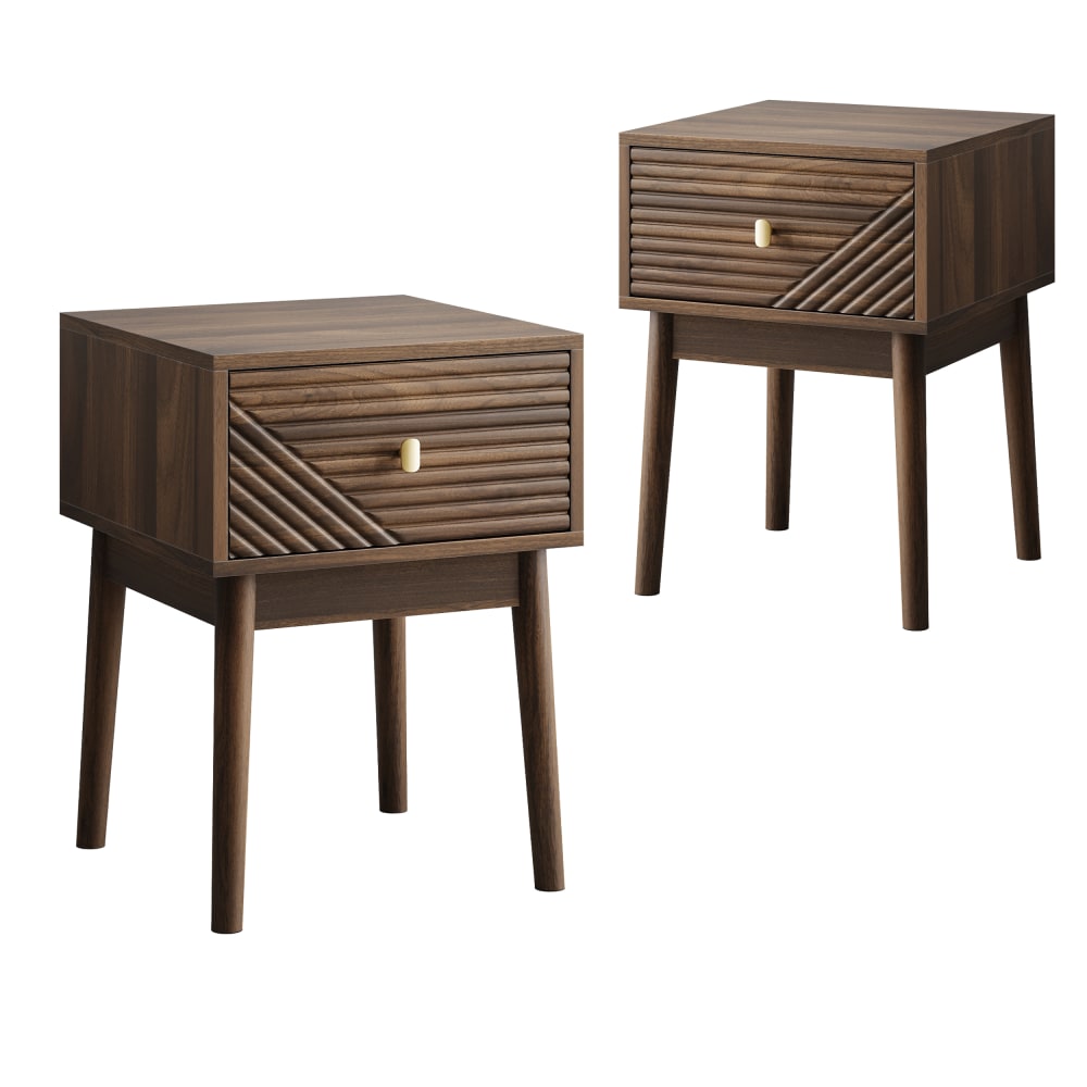 Lot de 2 tables de chevet effet noyer clair poignées métalliques dorés