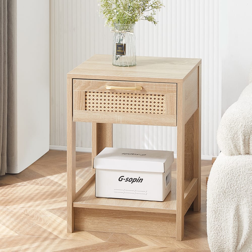 Table de chevet effet bois en rotin moderne avec tiroir 40x40x55 cm