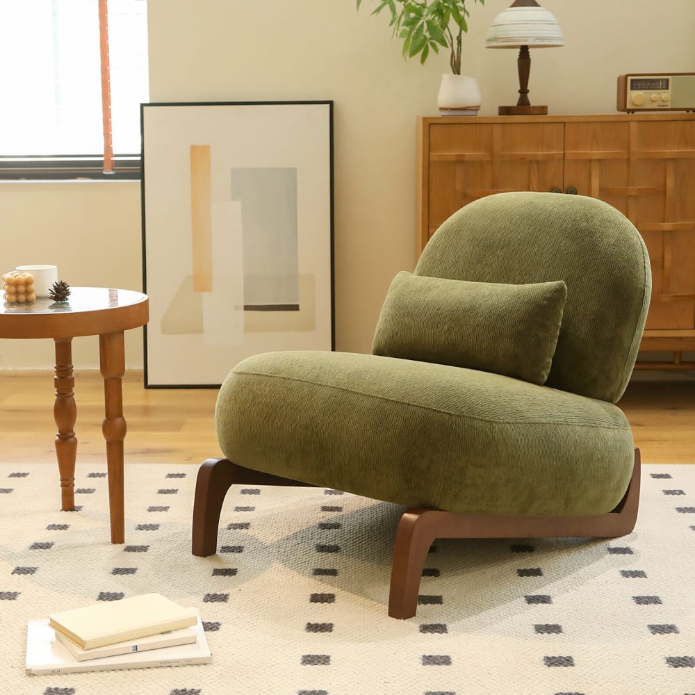 Fauteuil lounge vintage velours vert avec pieds bois massif