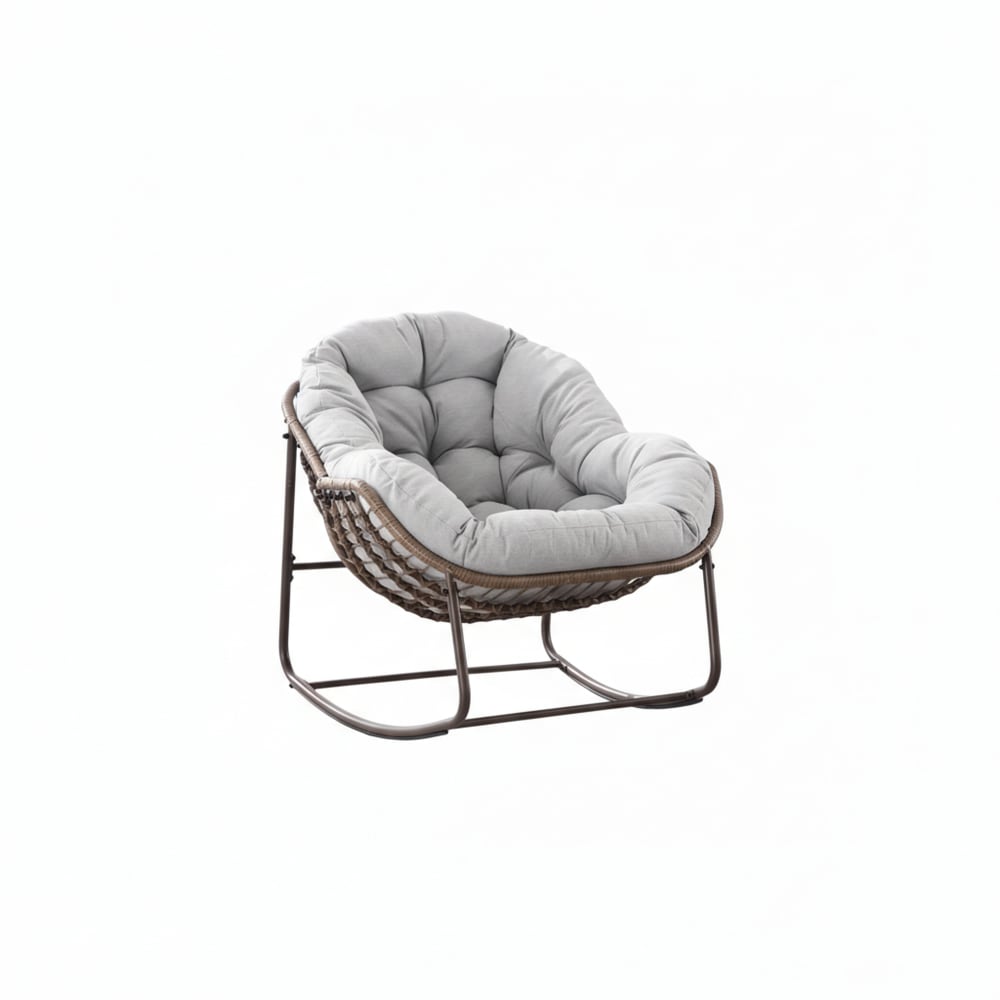 Fauteuil à bascule XXL en rotin, coussin épais, gris clair