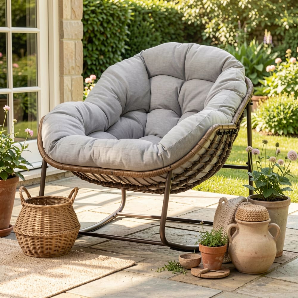 Fauteuil à bascule XXL en rotin, coussin épais, gris clair