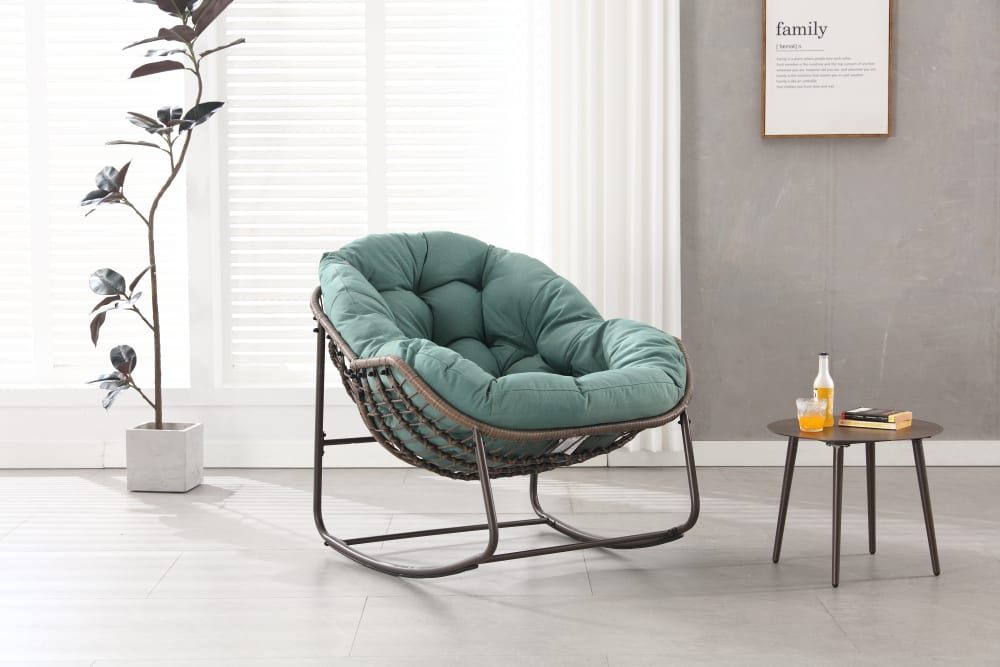Fauteuil à bascule XXL en rotin, coussin épais, vert sauge