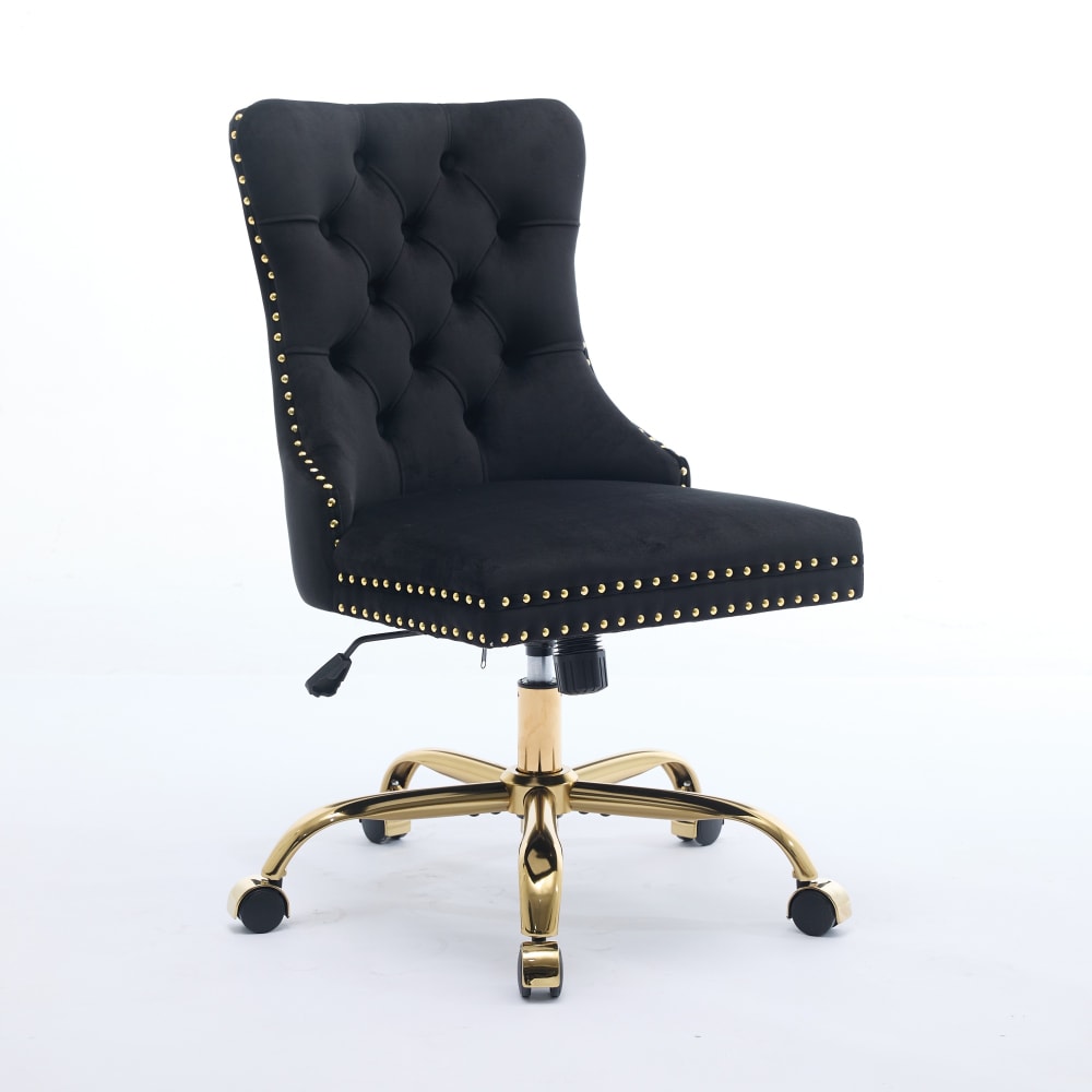 Chaise de bureau luxe élegante en velours noir, base dorée