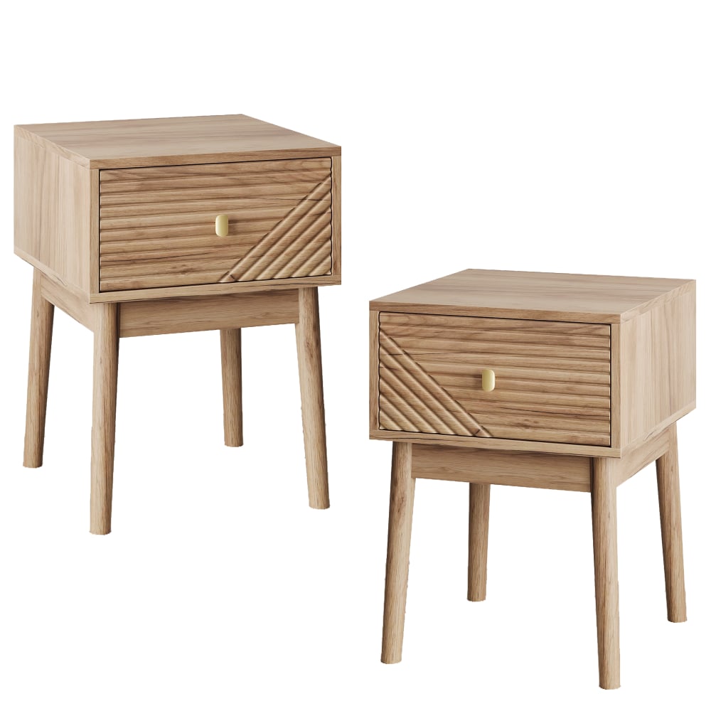 Lot de 2 tables de chevet effet chêne clair poignées métalliques dorés