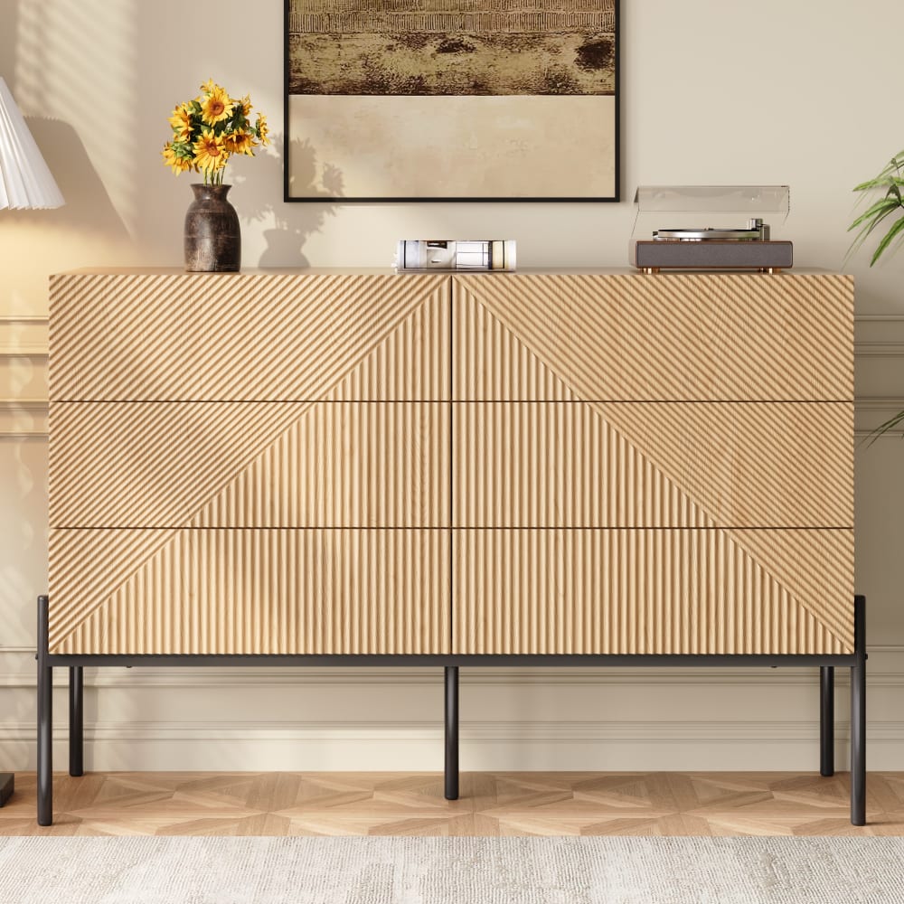 Commode design en bois naturel à motifs géométriques 6 tiroirs 115 cm