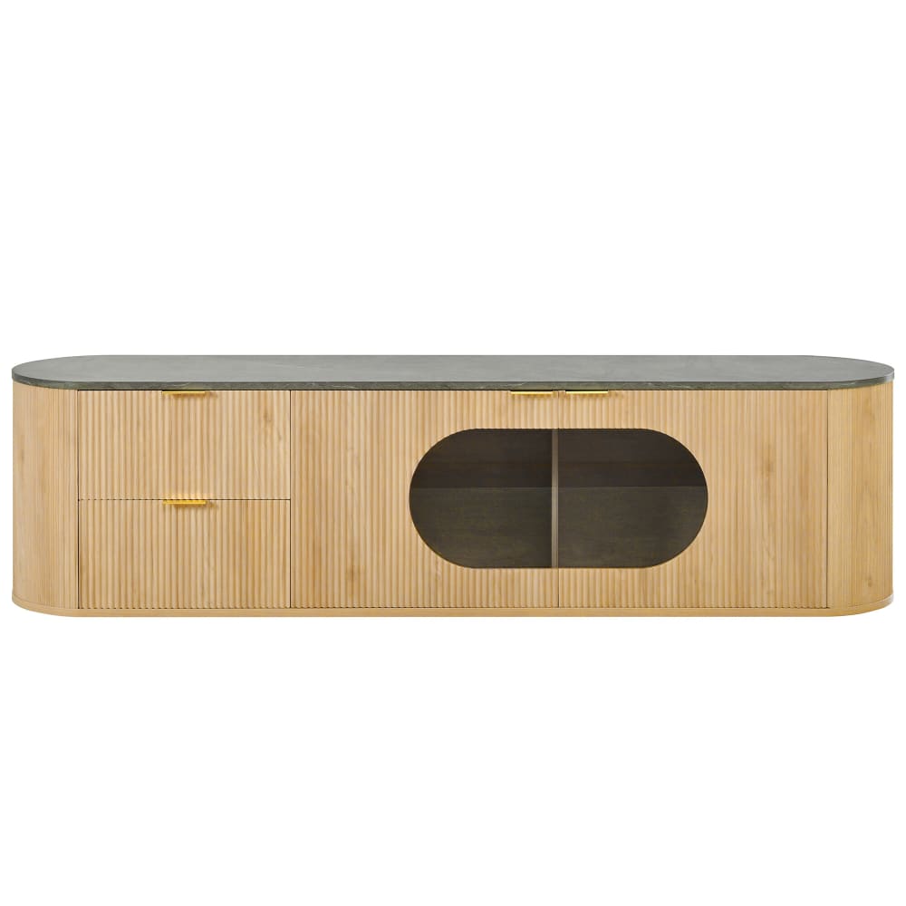 Meuble TV design en bois naturel avec vitrine en verre gris 172 cm