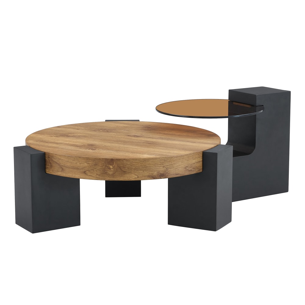 Table basse ronde moderne 2 niveaux effet bois et verre brun