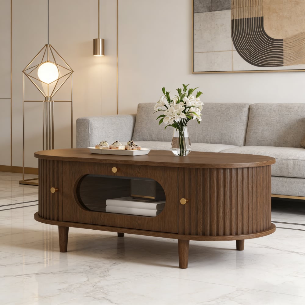 Table basse ovale en bois effet noyer avec tiroir et porte coulissante