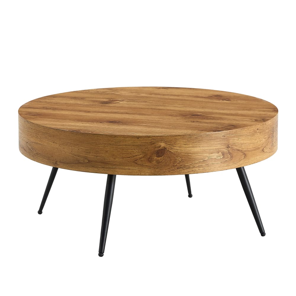 Table basse ronde 70 cm effet bois MDF pieds métal noir