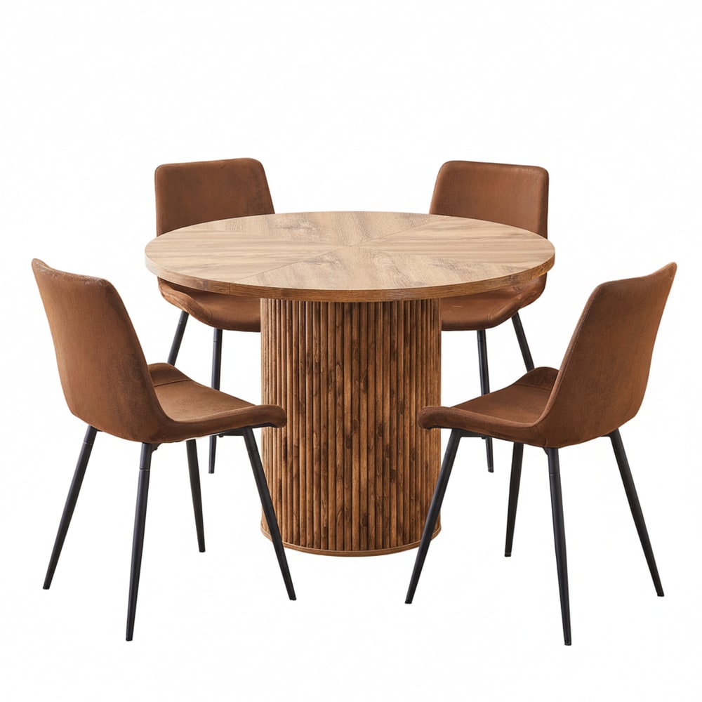 Ensemble de table à manger ronde avec 4 chaises tissu marron