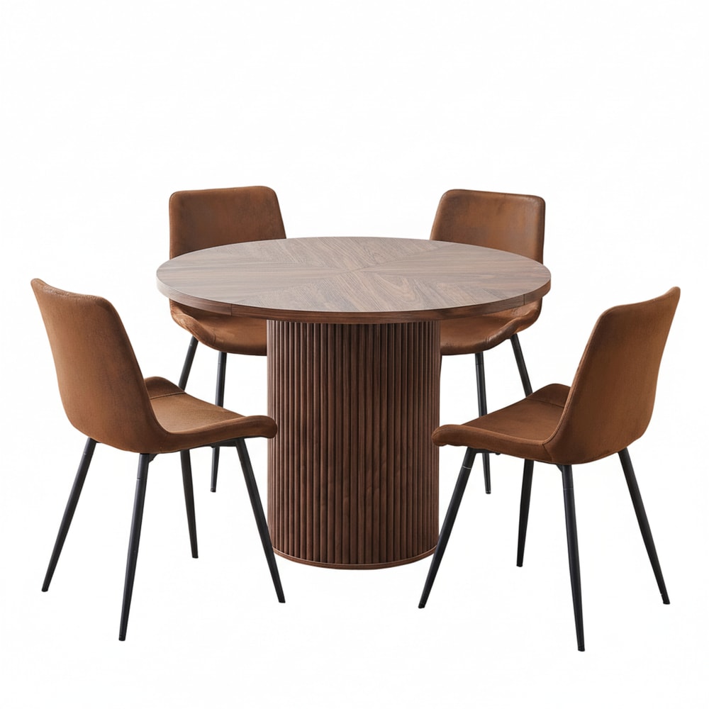 Ensemble de table à manger ronde effet bois et 4 chaises tissu marron