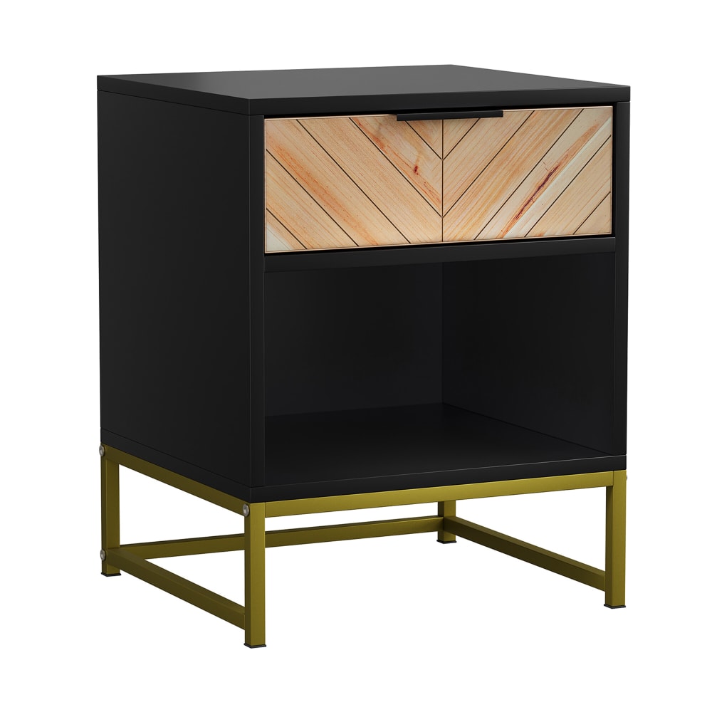 Table de chevet noir avec tiroir en bois à chevrons et pieds métal