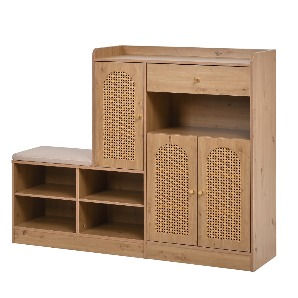 Meuble à chaussures avec banc et portes en rotin 142 cm