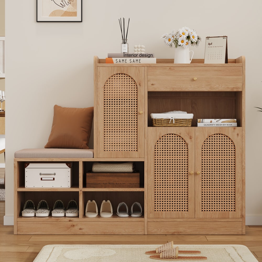 Schuhschrank mit Sitzbank und Rattantüren, Beige - Maisons Du