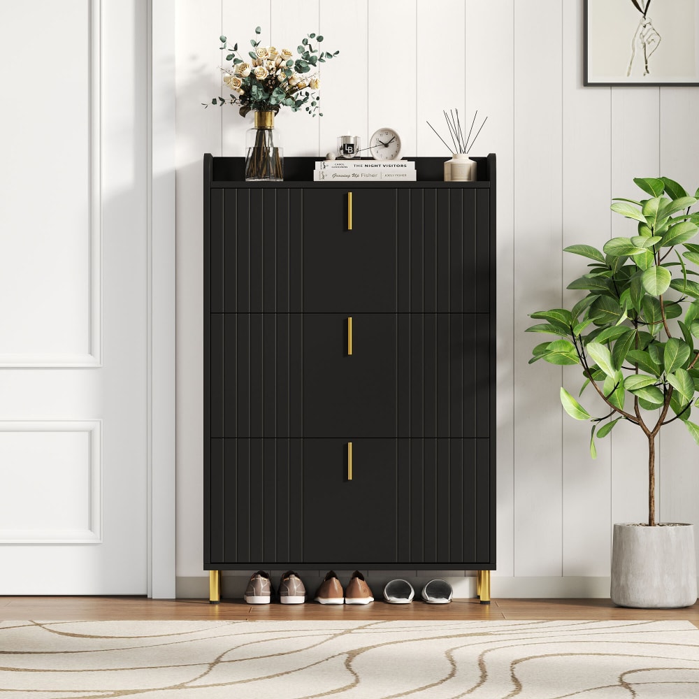 Gestreifter Designer-Schuhschrank mit 3 Klapptüren, Schwarz -