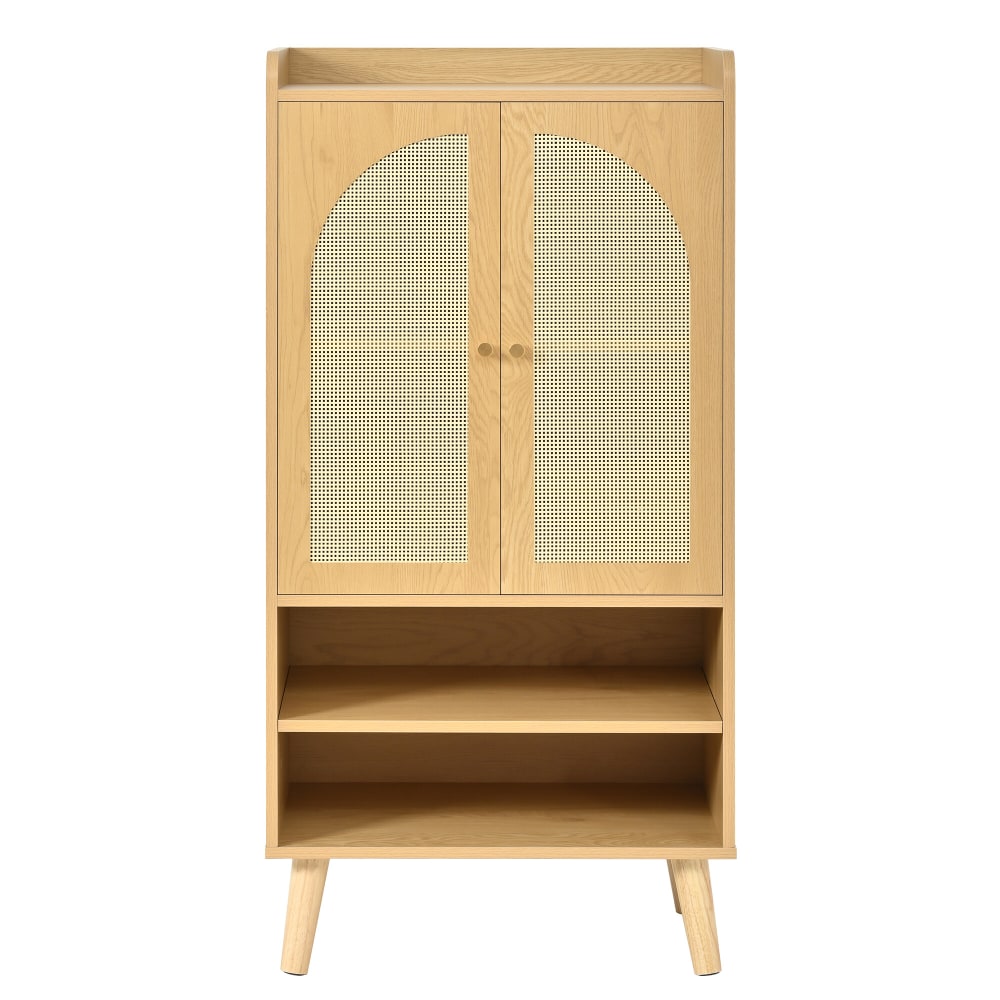 Buffet effet bois naturel en rotin avec 2 portes et 2 niches ouvertes