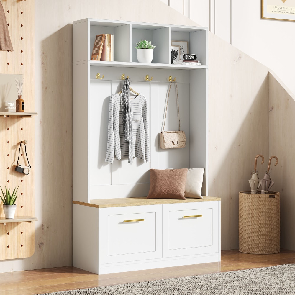 Vestiaire d’entrée avec banc et rangement chaussures blanc bois