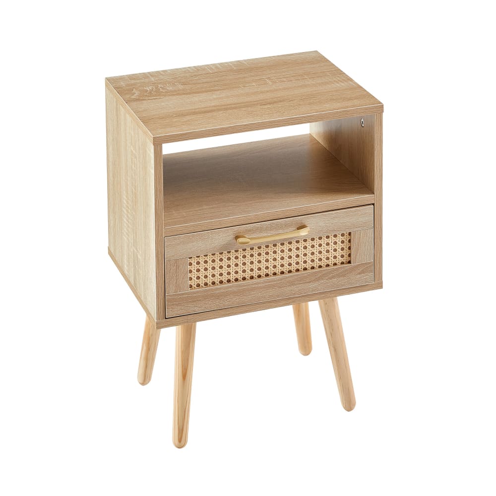 Table de chevet en rotin avec tiroir, pieds en bois massif 40x30x55cm
